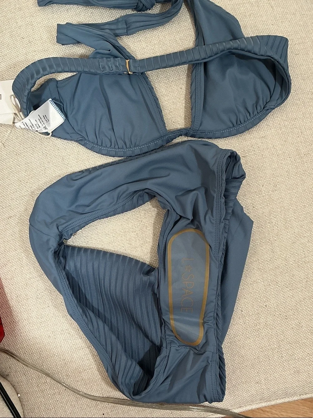 NWT L*SPACE Ribbed High-Waist Bikini Set Slate Blue Underwired Halter Bra Sz S
